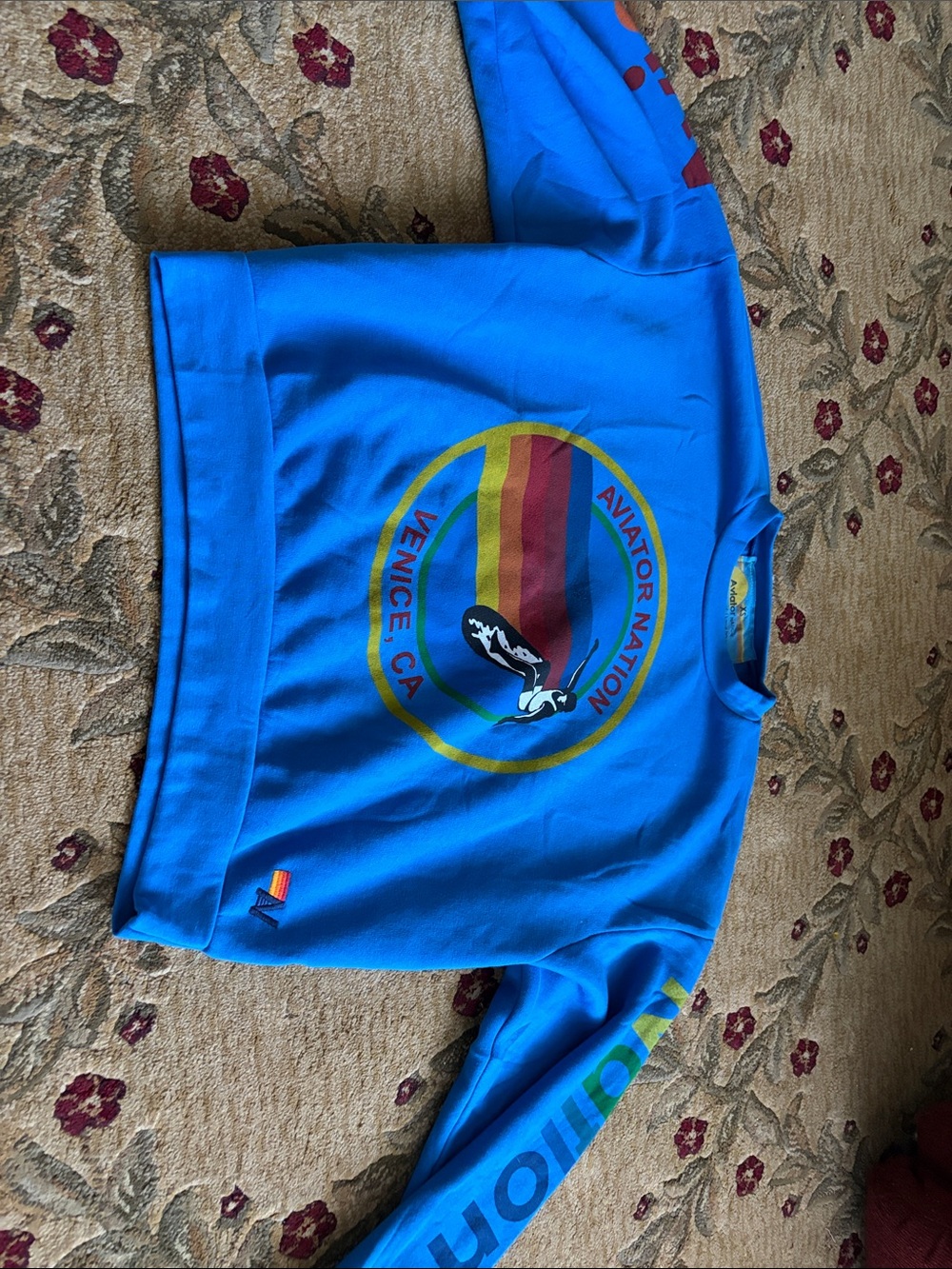 Aviator Nation Bright Blue Graphic Crewneck with Rainbow Logo
